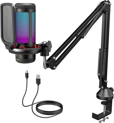 Mikrofon USB do gier TONOR TC310+ z regulowanymi trybami RGB i jasnością, idealny do strumieniowego nagrywania podcastów, studia nagraniowego na YouTube. Kompatybilny z komputerem, laptopem, Maciem