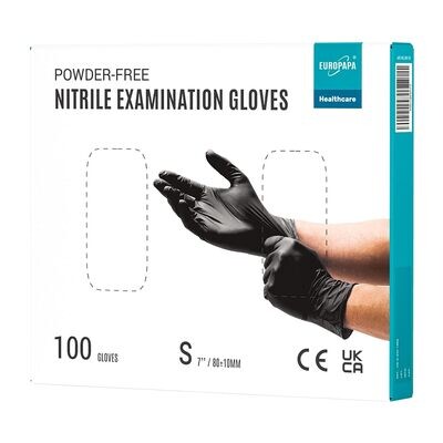EUROPAPA Rękawiczki jednorazowe z nitrylu, 100 sztuk, bezpudrowe, bezlateksowe rękawiczki do badań, niesterylne (S, czarne)