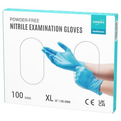 EUROPAPA Rękawiczki jednorazowe z nitrylu, 100 sztuk, bezpudrowe, bezlateksowe rękawiczki do badań, niesterylne (XL, niebieskie)