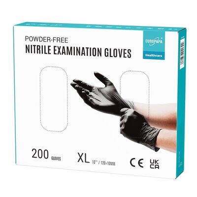 EUROPAPA 200 x jednorazowe rękawiczki nitrylowe bez talku rękawice badawcze EN455 EN374 bez lateksu rękawiczki jednorazowe rękawiczki dostępne w rozm. (XL, czarne)