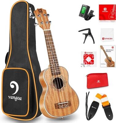 Vangoa ukulele sopranowe 53 cm jednolite ukulele akustyczne mahoń dla początkujących z Gig Bag, pasek, tuner, nylonowy sznurek, kostki