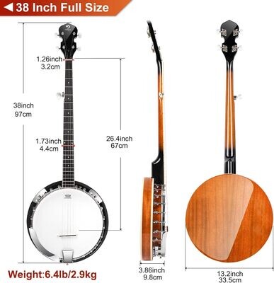 Vangoa 5-ciostrunowy banjo z zamkniętą głowicą Remo i solidnym tyłem, zestaw dla początkujących, stroik, pasek, przetwornik, struny, przystawki i pokrowiec.