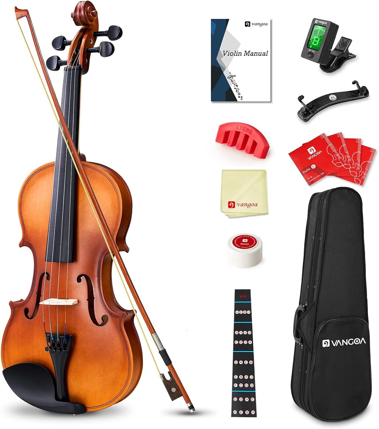 Vangoa 4/4 pełnowymiarowy zestaw skrzypiec akustycznych dla dorosłych początkujących uczniów z futerałem na skrzypce, smyczkiem, kalafonią, oparciem na ramię, tunerem, strunami, instrukcją
