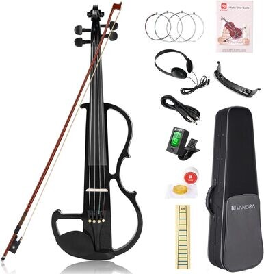 Vangoa Elektryczne skrzypce 4/4 z litego drewna, ciche skrzypce w pełnym rozmiarze z kalafonią, torbą do noszenia, kablem audio, podpórką na ramię, łukiem, czarne