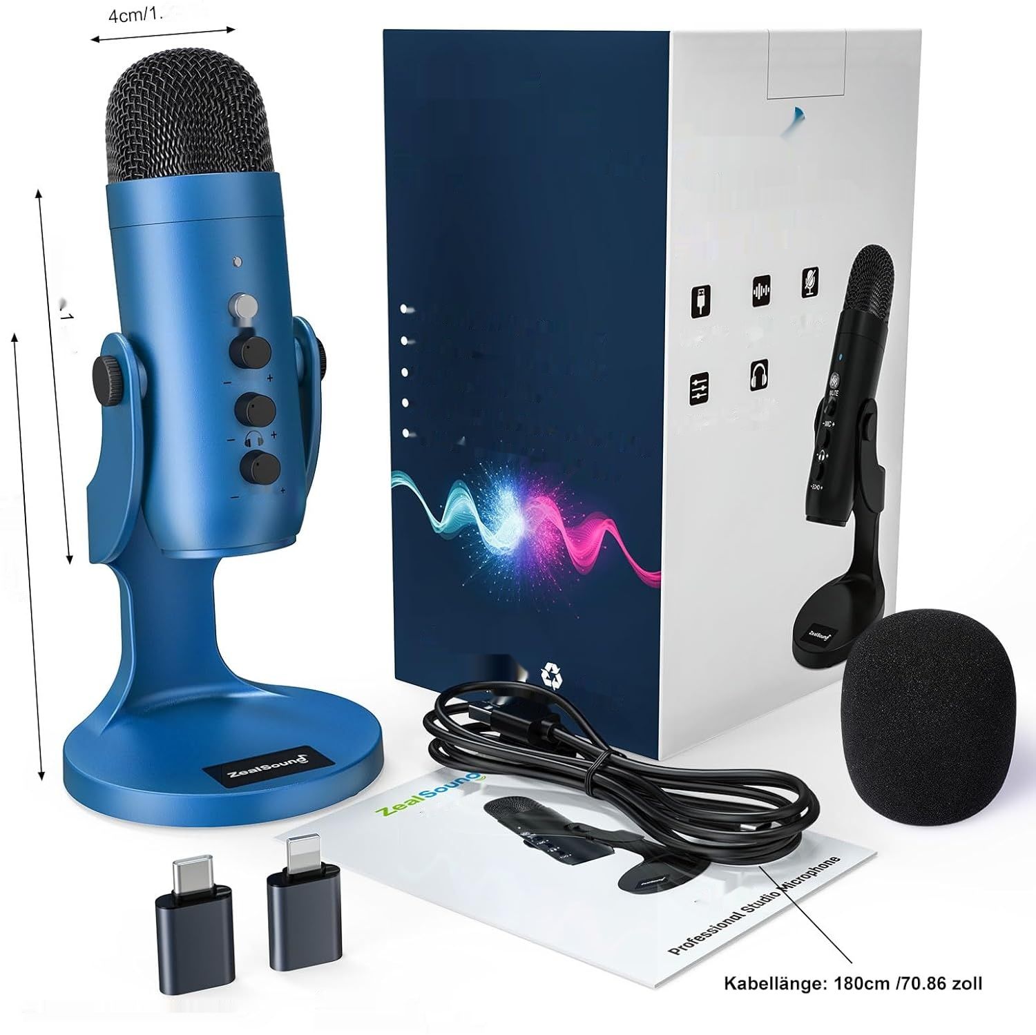 Mikrofon USB z adapterem do smartfona, PS4/5, echo/wyciszeniem, Plug &amp; Play.