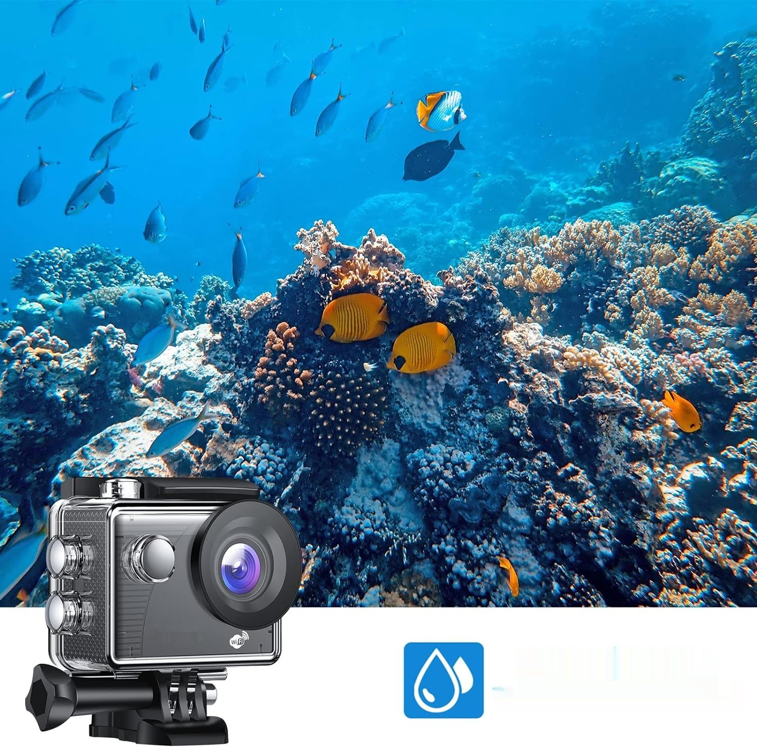 Jadfezy WiFi Action Cam HD 1080P, 12MP, wodoodporna do 30 m, 2 x 1050 mAh baterii.