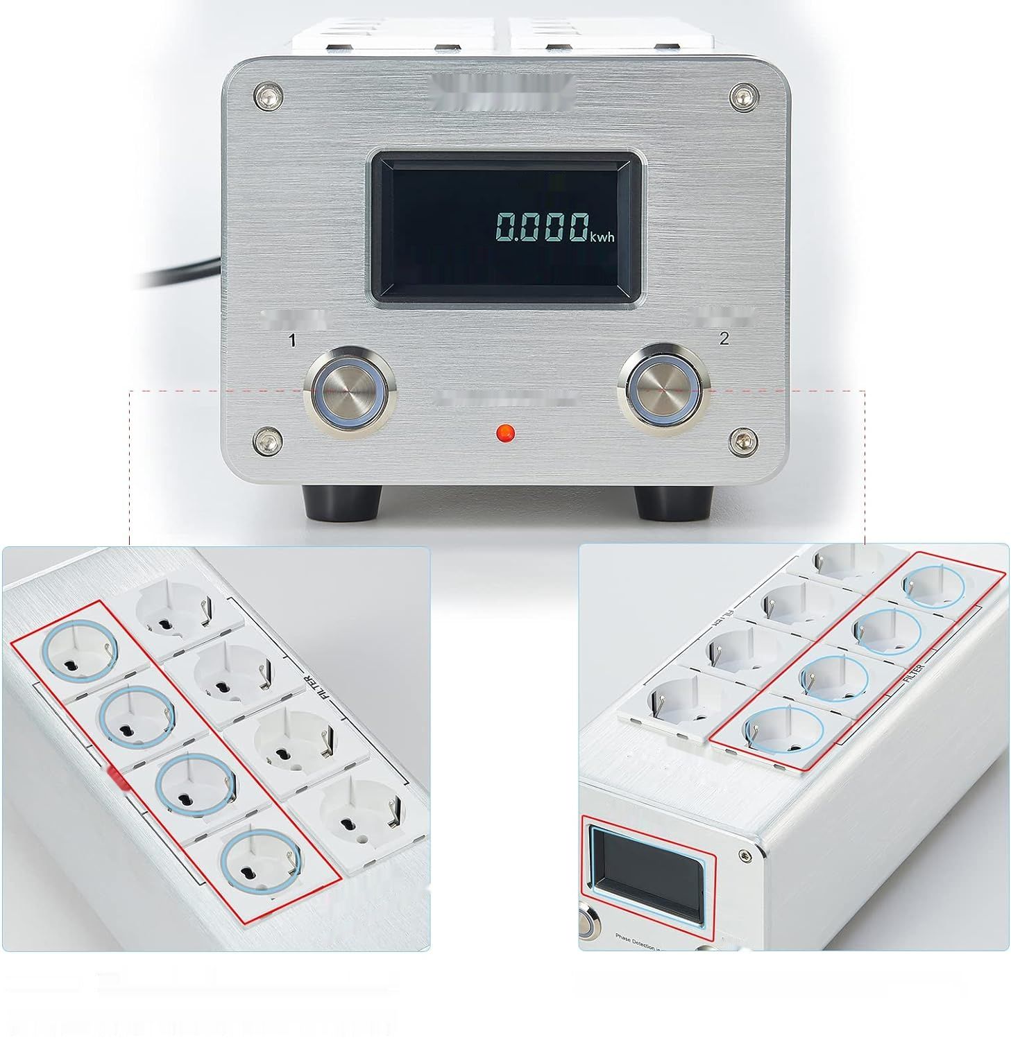 Pailvens Mains Filter Power Strip HiFi 8-drożny z LCD, ochroną 15 A, srebrny