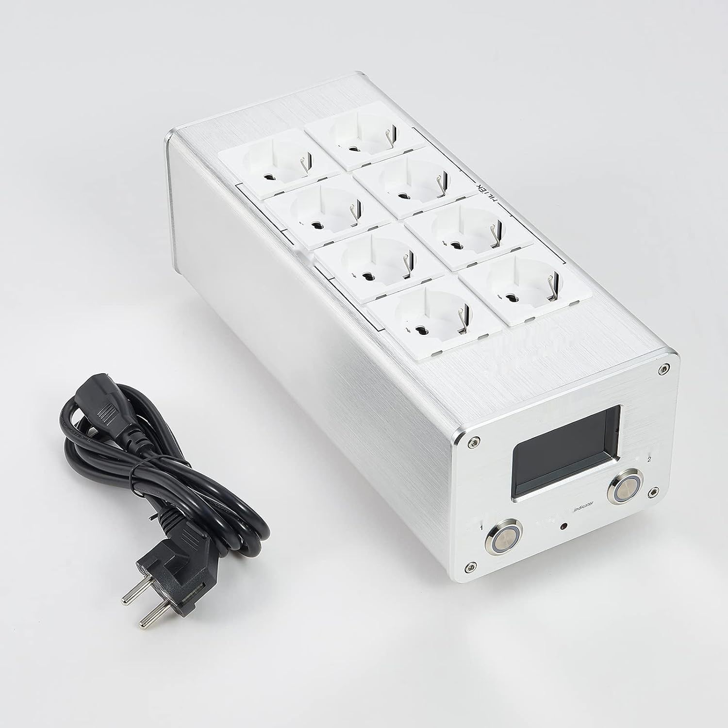 Pailvens Mains Filter Power Strip HiFi 8-drożny z LCD, ochroną 15 A, srebrny