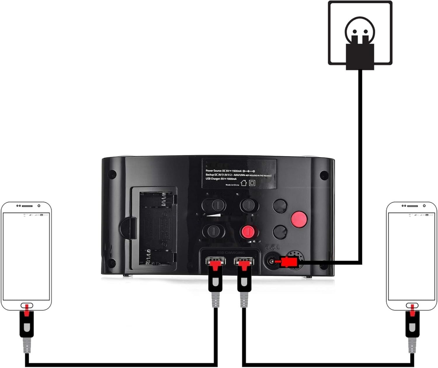 Cyfrowy budzik LED, 7-kolorowe światło, 2 porty USB, drzemka.