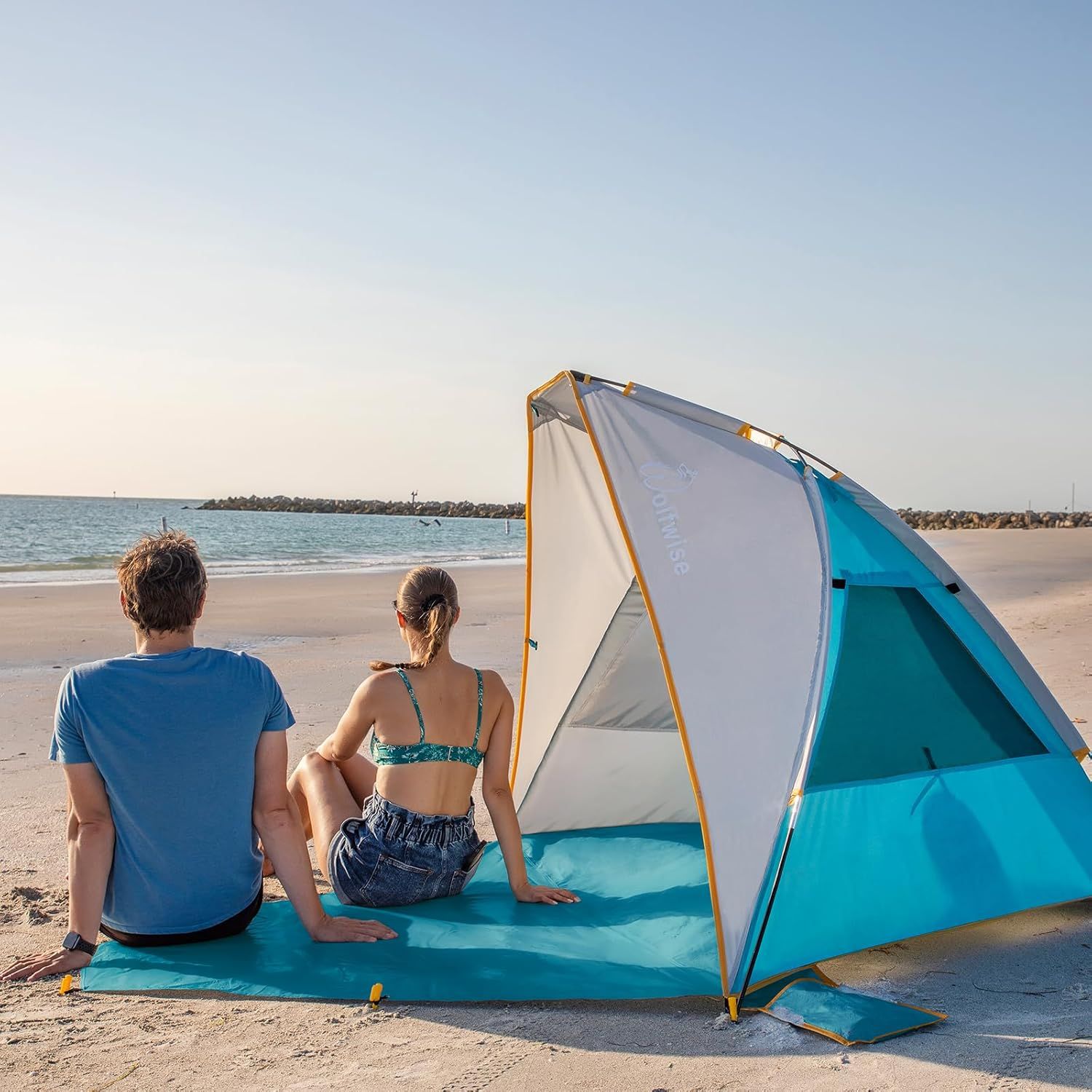 Wolfwise 3-osobowy Przenośny Namiot Plażowy Upf 50+ Parasol Przeciwsłoneczny Z Rozkładaną Podłogą, Niebieski