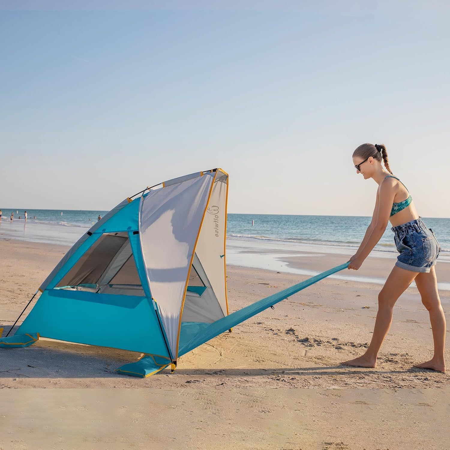 Wolfwise 3-osobowy Przenośny Namiot Plażowy Upf 50+ Parasol Przeciwsłoneczny Z Rozkładaną Podłogą, Niebieski