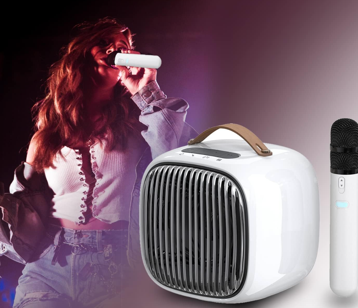 Urządzenie do karaoke, 30 W, Bluetooth, przenośny system PA z 2 bezprzewodowymi mikrofonami, głośnik z uchwytem na telefon komórkowy