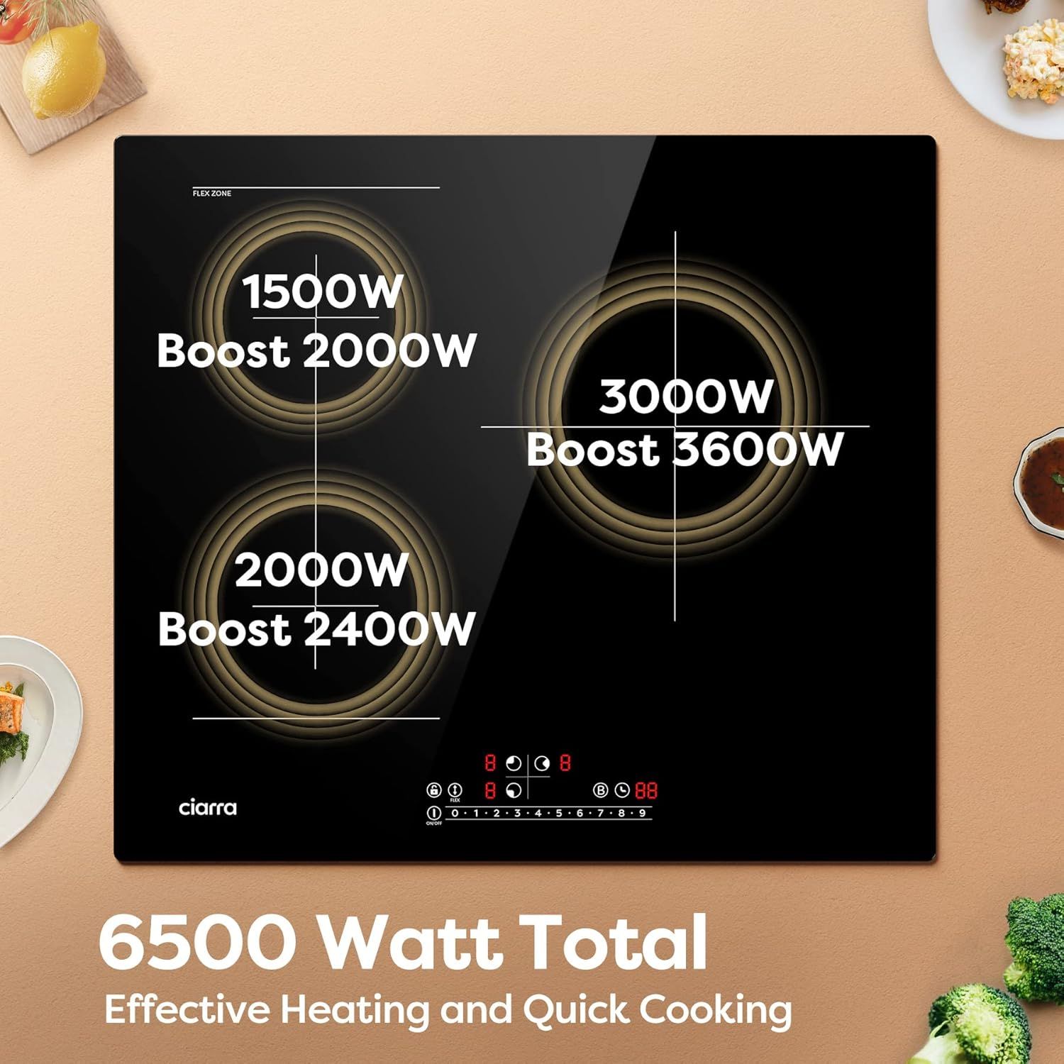 CIARRA CBBIH3BF Wbudowana indukcyjna płyta grzewcza 3 strefy 32A 6500W z funkcją Boost 1 Flex Zone