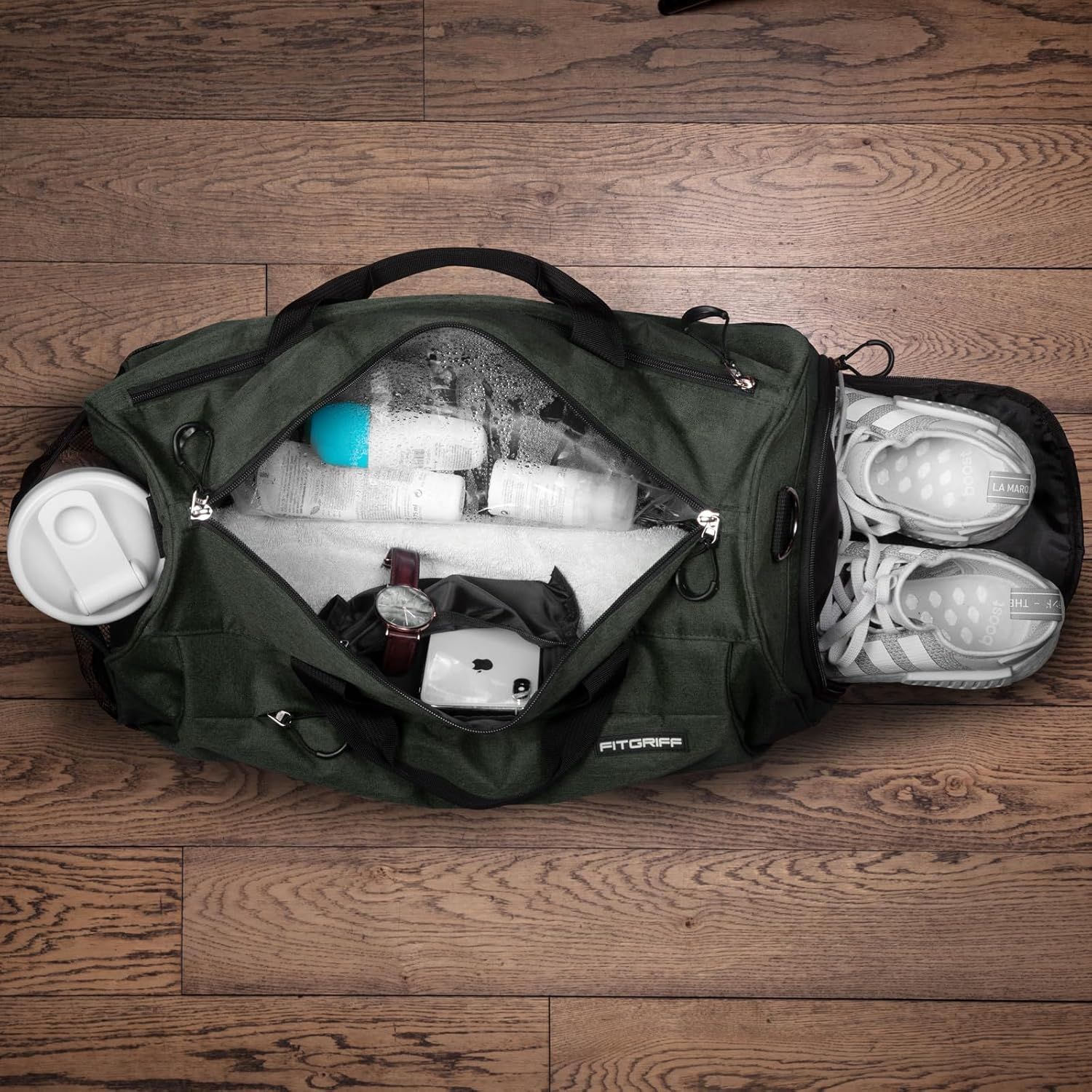 Fitgriff Sportowa torba na siłownię dla mężczyzn i kobiet - z przegrodą na buty i kieszenią na mokre ubrania - torba fitness Zielony wojskowy 58 x 31 x 31 cm (Medium)