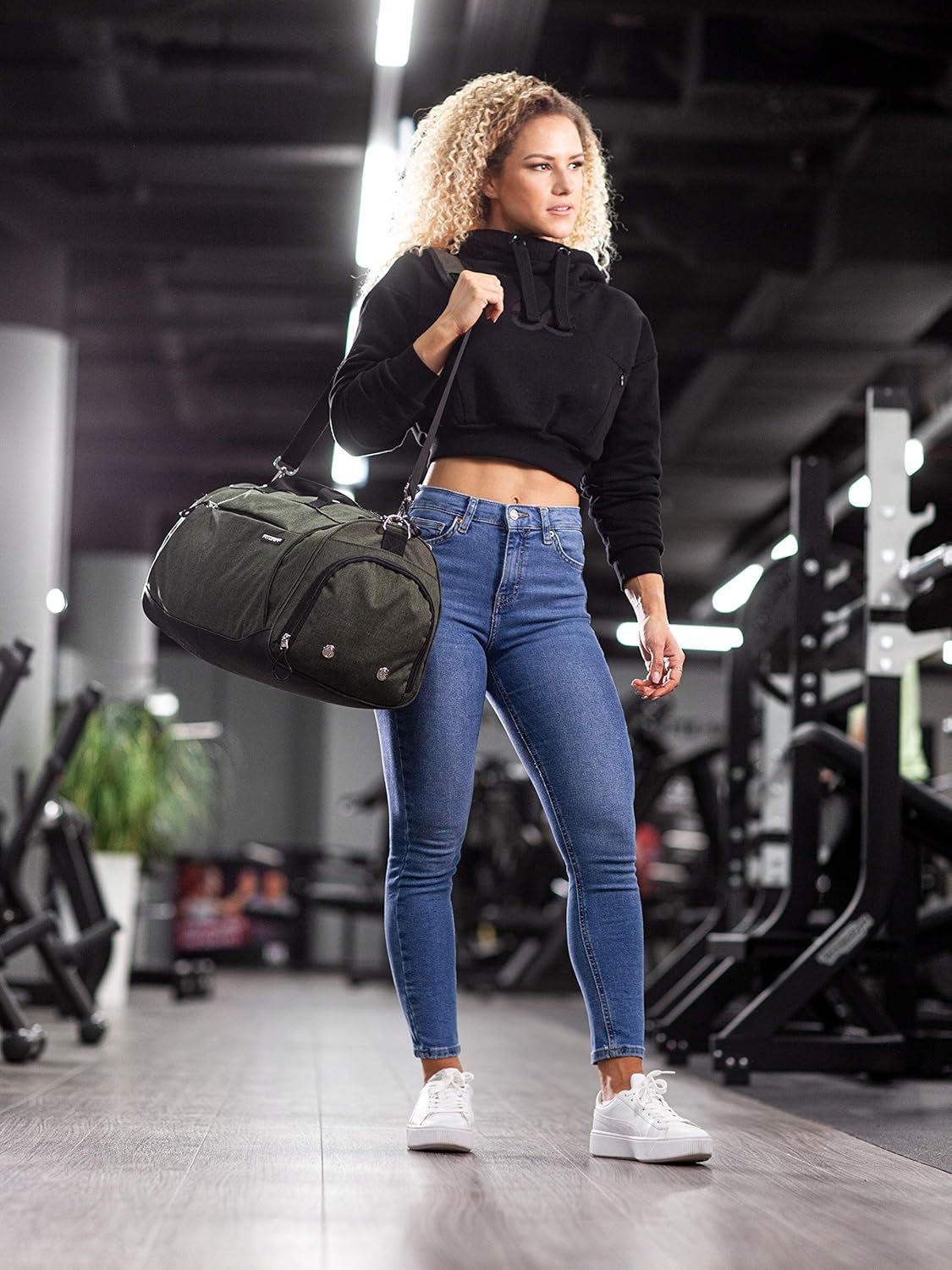 Fitgriff Sportowa torba na siłownię dla mężczyzn i kobiet - z przegrodą na buty i kieszenią na mokre ubrania - torba fitness Zielony wojskowy 58 x 31 x 31 cm (Medium)