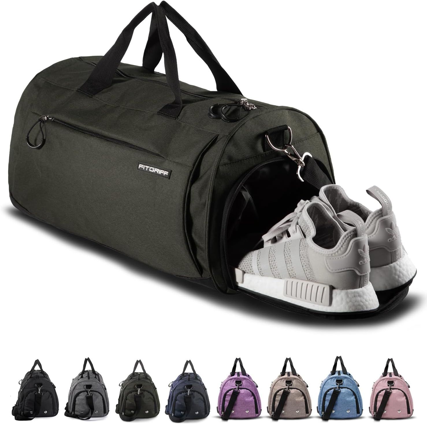 Fitgriff Sportowa torba na siłownię dla mężczyzn i kobiet - z przegrodą na buty i kieszenią na mokre ubrania - torba fitness Zielony wojskowy 58 x 31 x 31 cm (Medium)