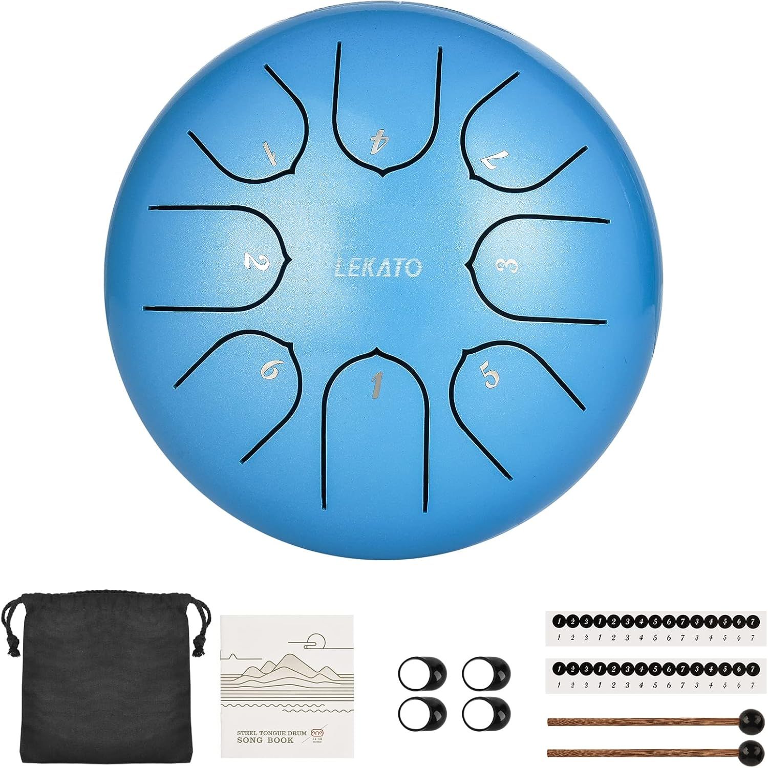 LEKATO Steel Tongue Drum 6 cali 8 Tonów, Mini Stalowy Bęben Klucz C Początkujący Bęben Zen Perkusja do Medytacji Joga Edukacja Muzyczna, Najlepszy Prezent dla Początkujących Dorosłych, Niebieskie Nieb