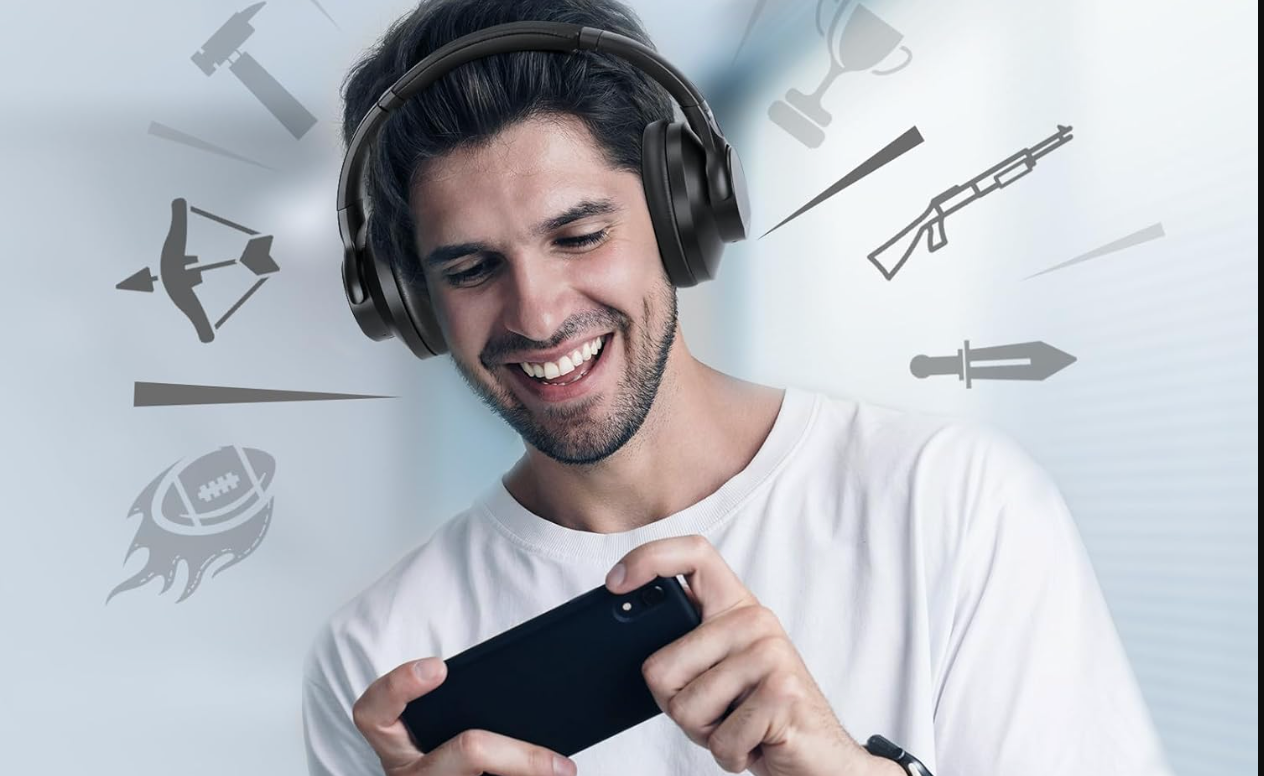 TUINYO Bezprzewodowe słuchawki - słuchawki nauszne Bluetooth z redukcją szumów z czasem odtwarzania 50 h, głęboki bas Hi-Fi dźwięk stereo i wygodne nauszniki do podróży, domu i biura