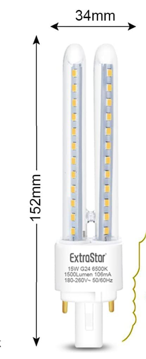 EXTRASTAR 2 Żarówki LED PLC Rura 2U, 15W, Kukurydza G24, 1500Lm, Zimne światło 6500K, Nie regulowane, Pakiet 6 szt.