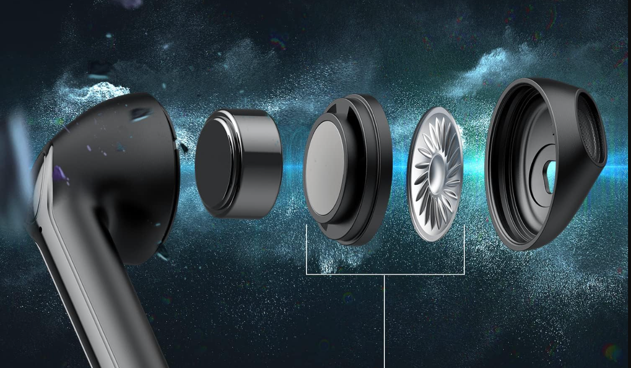 Truefree A1 Bluetooth 5.0 Stereo HiFi IPX4, wbudowane mikrofony, 18 godzin czasu odtwarzania, głębokie basy, USB-C szybkie ładowanie bezprzewodowe słuchawki dla iOS Android