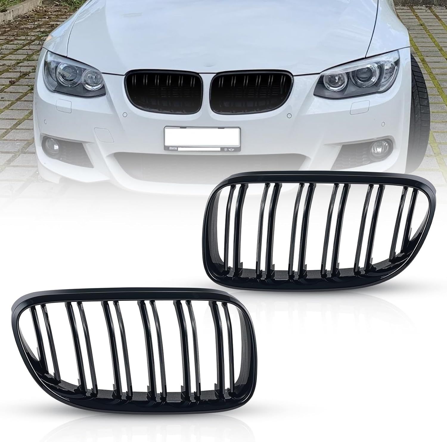 TOPTHAN E92 Czarna atrapa chłodnicy Kidney dla BMW Serii 3 Typ E92 (Coupe) i E93 (Kabriolet) rok produkcji 04/2010-09/2013 (tylko LCI) Atrapa w kolorze czarnym błyszczącym