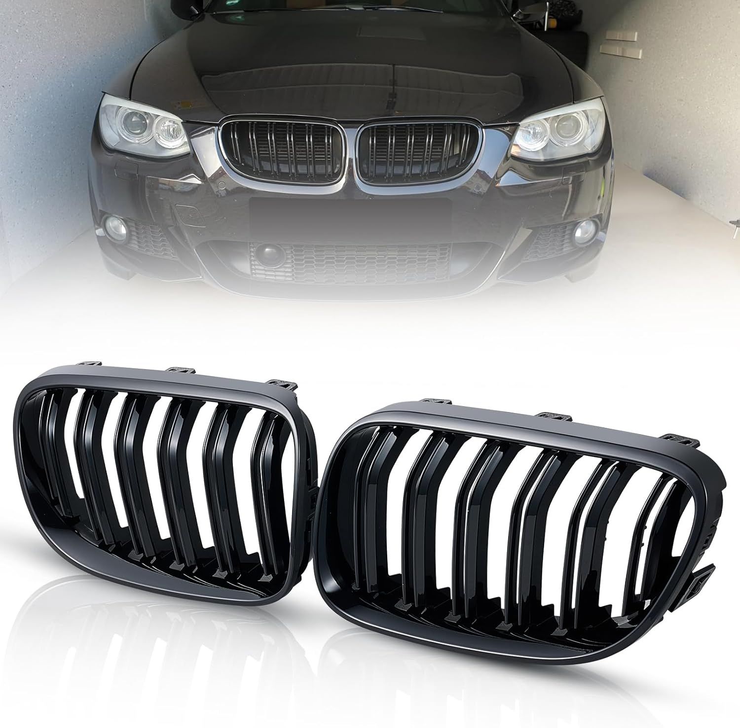 TOPTHAN E92 Czarna atrapa chłodnicy Kidney dla BMW Serii 3 Typ E92 (Coupe) i E93 (Kabriolet) rok produkcji 04/2010-09/2013 (tylko LCI) Atrapa w kolorze czarnym błyszczącym