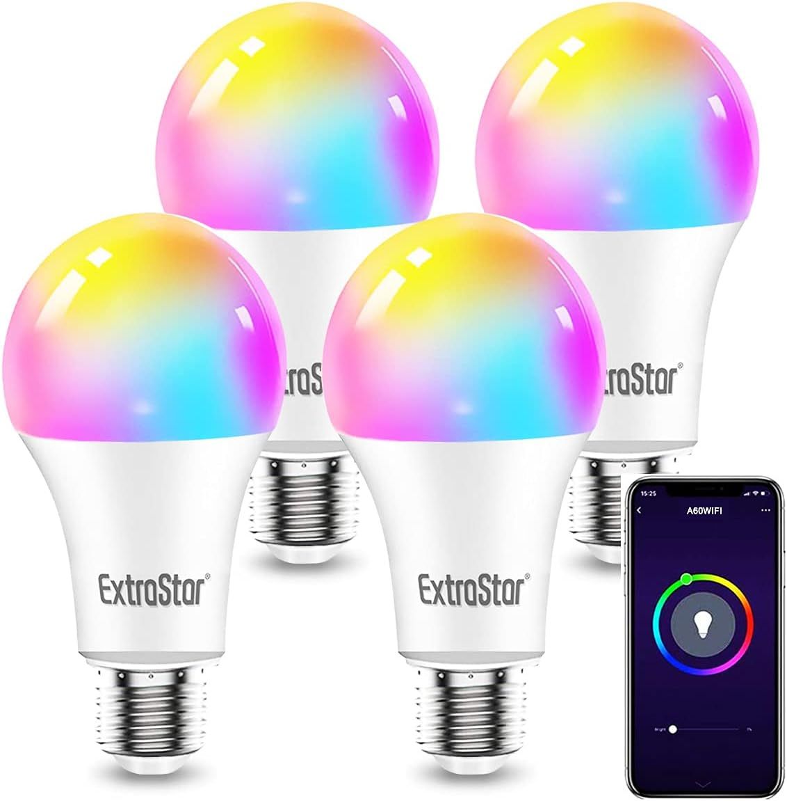 ZASTION EXTRASTAR Zestaw 4 inteligentnych żarówek LED Alexa E27, 10 W, Zmienne wielokolorowe + ciepłe białe światło lub białe, 16 milionów kolorów, działające z Alexą i Google Home.