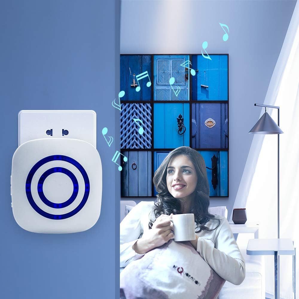 BeiLan Bezprzewodowy dzwonek do drzwi z 1 elektronicznym odbiornikiem Plug-in, 1 czujnik ruchu PIR bezprzewodowy dzwonek do drzwi dla gości, alarm bezpieczeństwa 3 poziomy głośności, 38 dzwonków