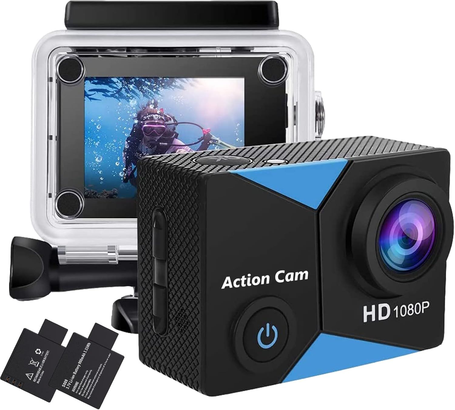 Jadfezy Action Cam FHD 1080p / 12 MP, kamera podwodna, wodoszczelna do 30 m, szerokokątna kamera sportowa 140°, akumulator 900 mAh i zestaw akcesoriów