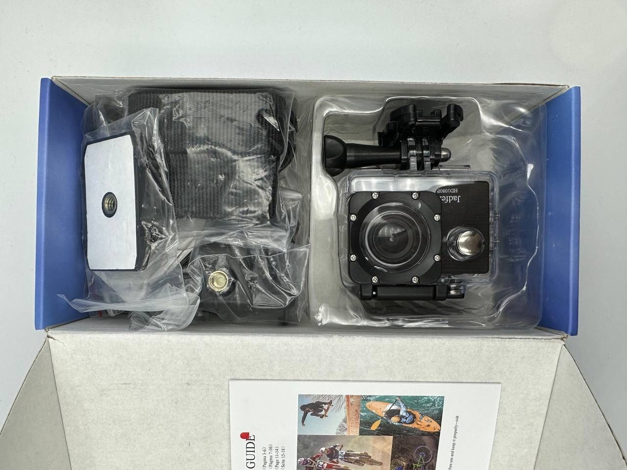 Jadfezy Kamera sportowa 1080P wodoodporna kamera podwodna 40 m z EIS dwie baterie 900 mAh do wielokrotnego ładowania 140 stopni szeroki kąt i zestaw akcesoriów