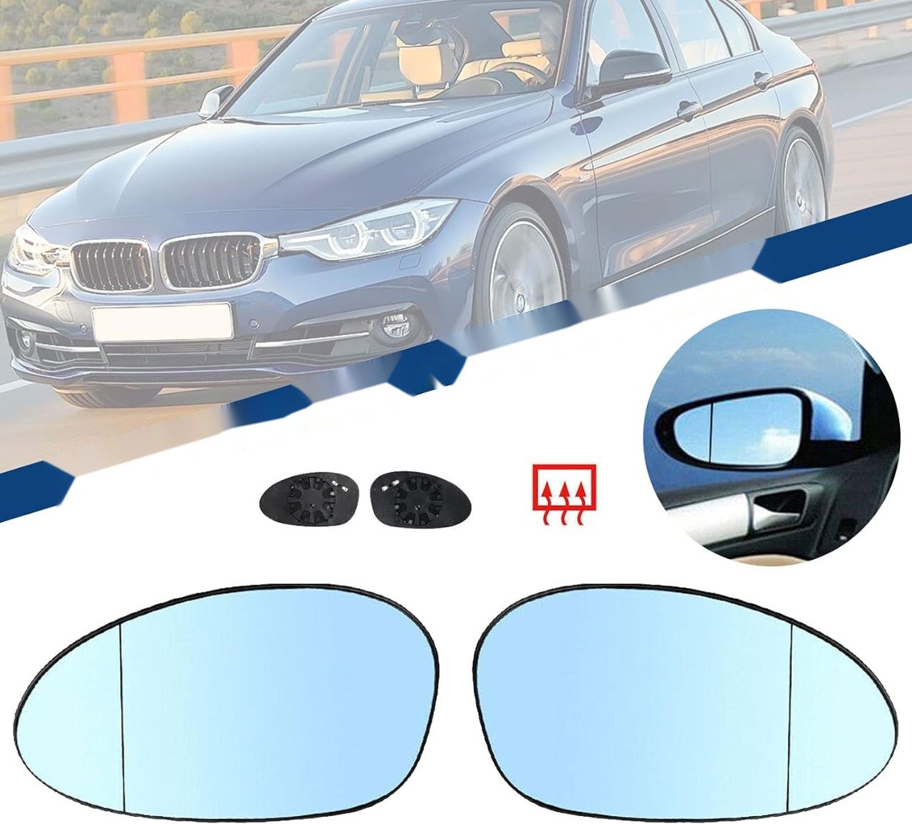 Szkło lusterka kompatybilne z BMW, podgrzewane, asferyczne, niebieskie.
