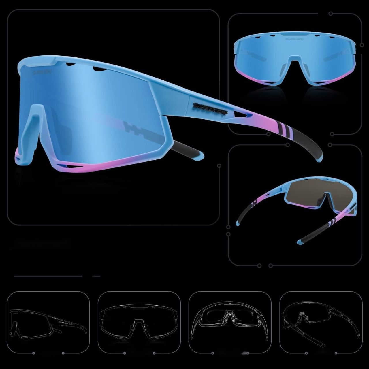 Queshark Okulary sportowe z polaryzacją UV400 i 5 wymiennymi soczewkami.