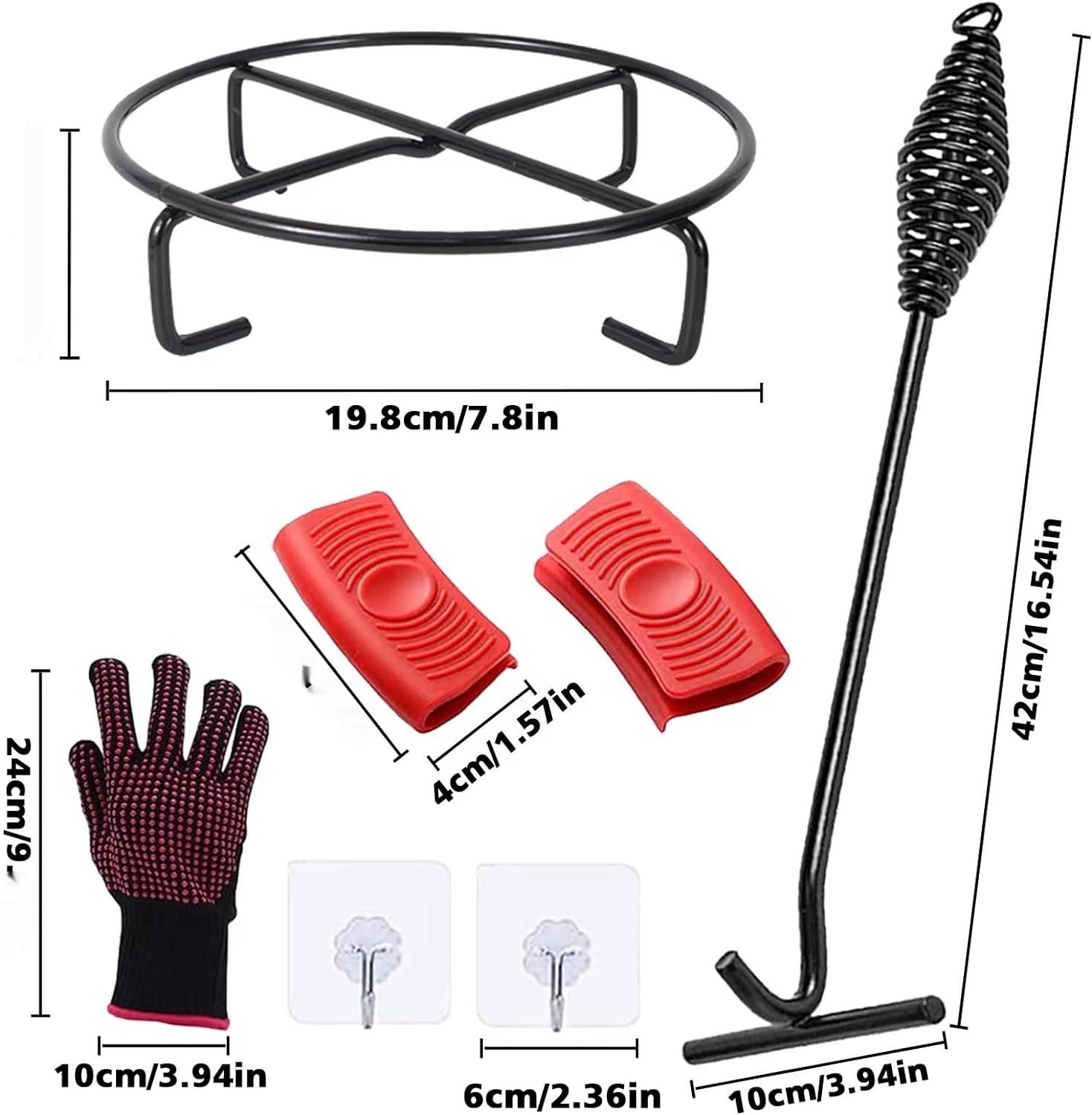 Akcesoria BARVERE: podstawa 42 cm, stojak, haki, rękawice BBQ.