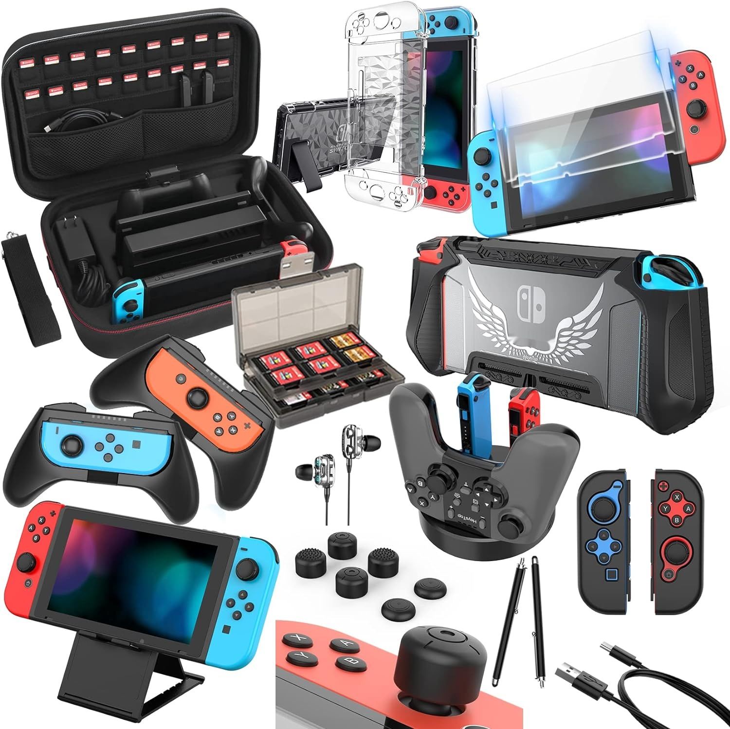 HEYSTOP Zestaw akcesoriów 28 w 1 dla Nintendo Switch z torbą i stacją ładującą.