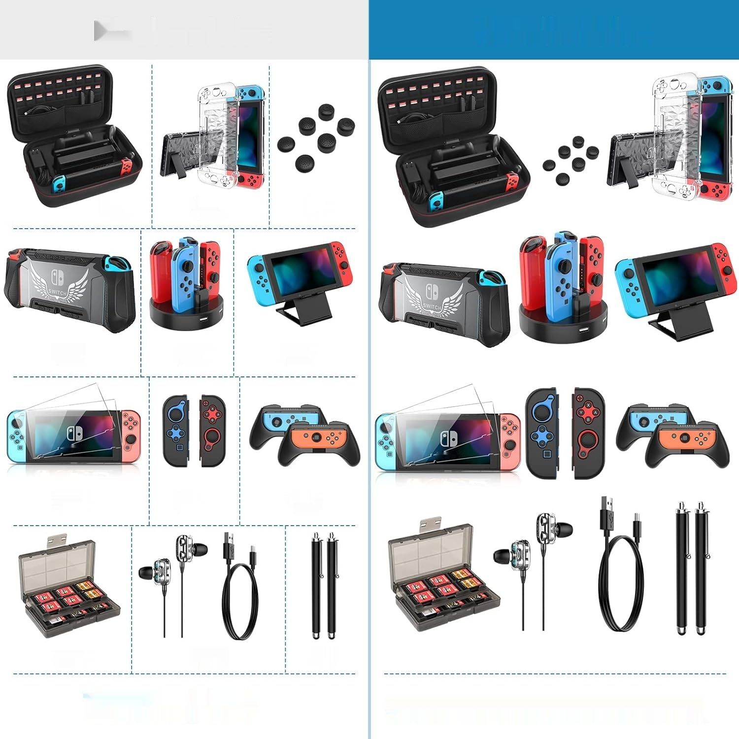 HEYSTOP Zestaw akcesoriów 28 w 1 dla Nintendo Switch z torbą i stacją ładującą.