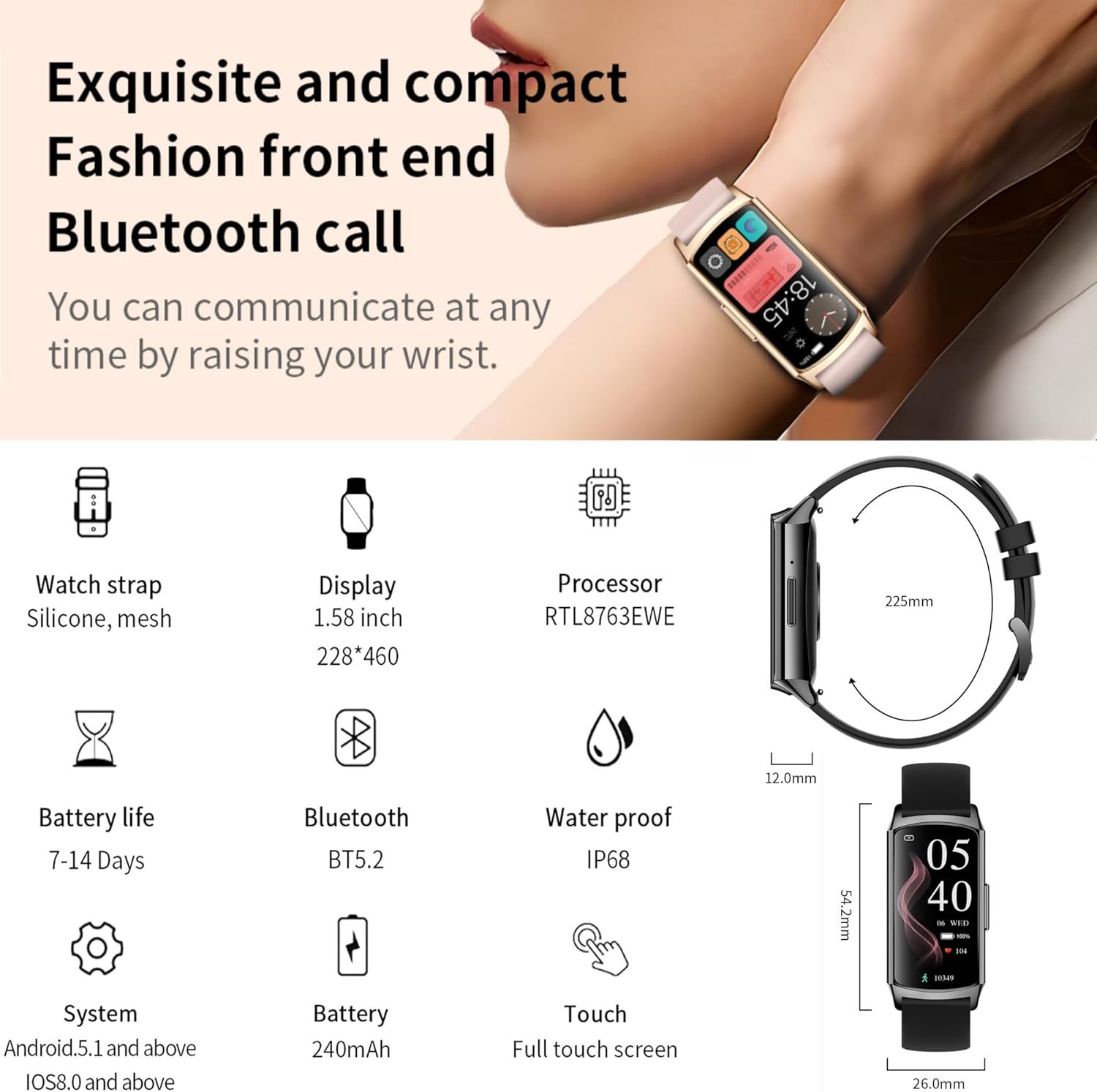 ELEJAFE Smartwatch dla kobiet z funkcją telefonu, wodoodporny IP68, 114+ trybów sportowych, tracker kondycji, krokomierz, monitor tętna, SpO2, snu, iOS Android
