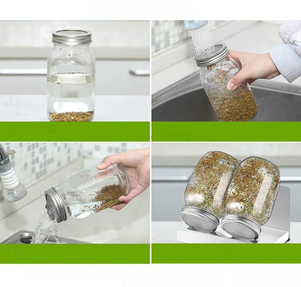 ecooe Kiełkowanie Słoiki Szklane 1000 ml, Zestaw 2 Słoików, 1 Stojak, 1 Miska