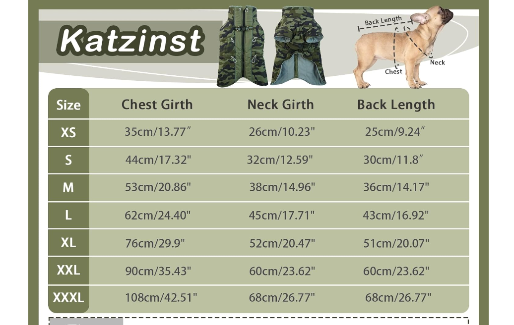 Katzinst zimowa kurtka dla psów, wodoodporna z nogawkami, 2XL, Military Green