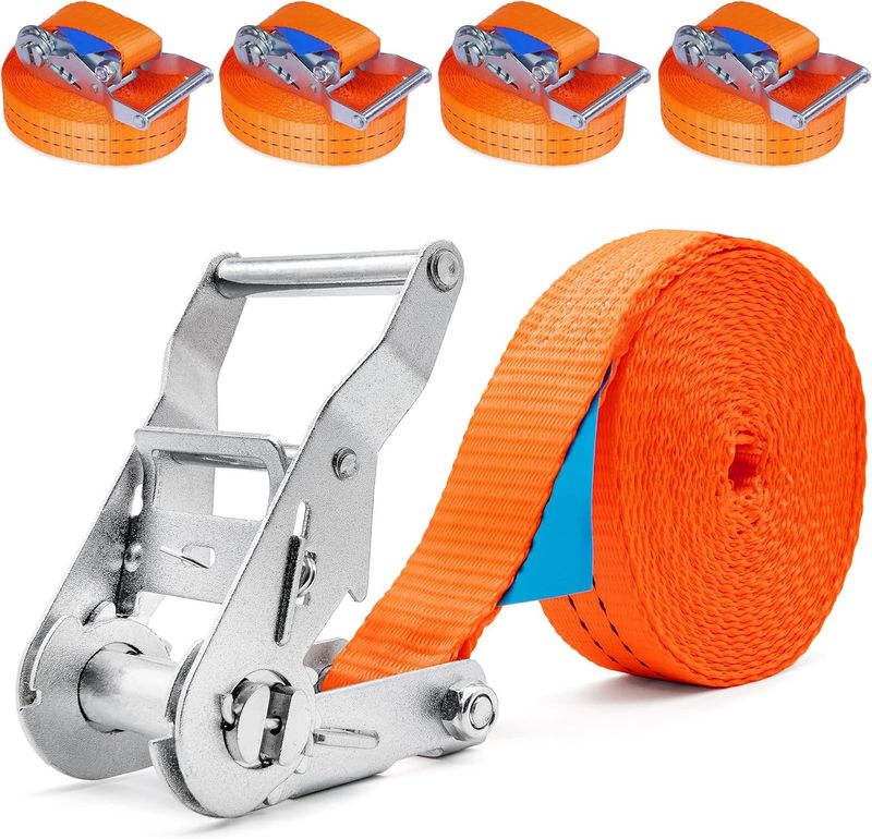 Zestaw 4 pasów mocujących, 6 m, 2000 kg, grzechotka, szerokość 35 mm, pomarańczowe.