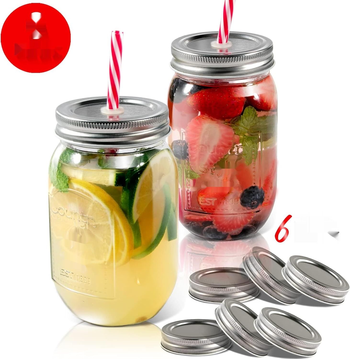 MASTERTOP 6 szklanek z pokrywką i słomką, 500 ml, hermetyczne Mason Jars.