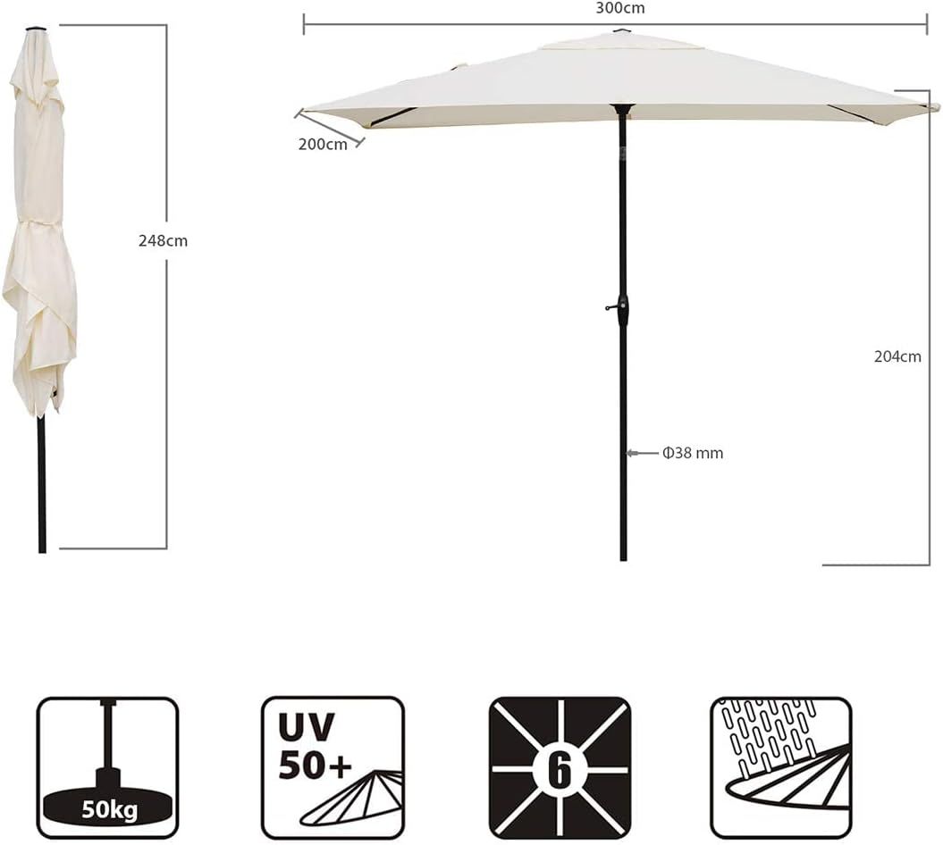 Sekey 200 × 300 cm Parasol z Aluminium Market, UV 50+, Prostokątny