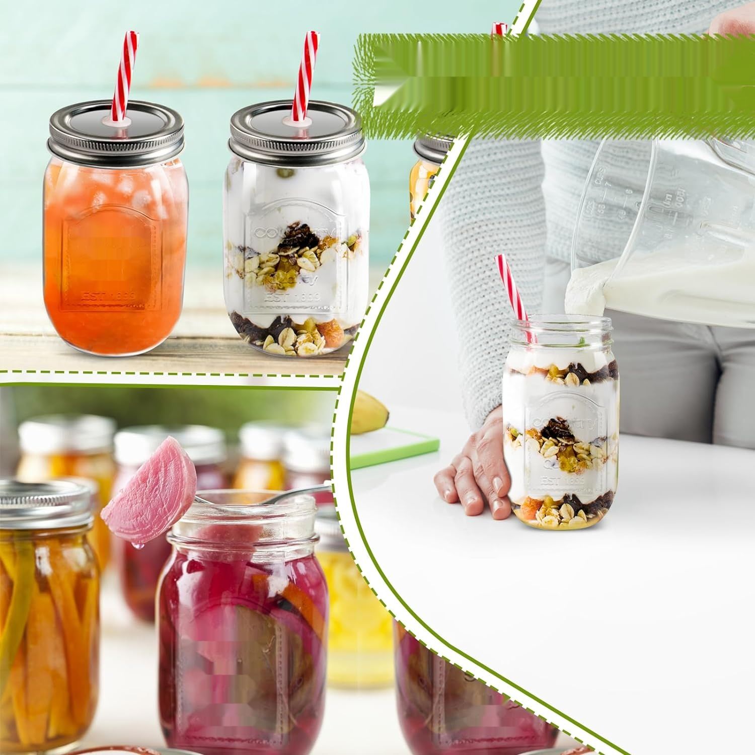 MASTERTOP 6 szklanek z pokrywką i słomką, 500 ml, hermetyczne Mason Jars.