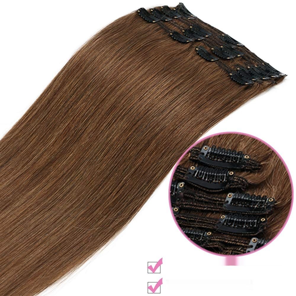 Clip-In Real Hair Extensions 8 części 100% Remy Hair Jasny Brąz 24 cale 170 g