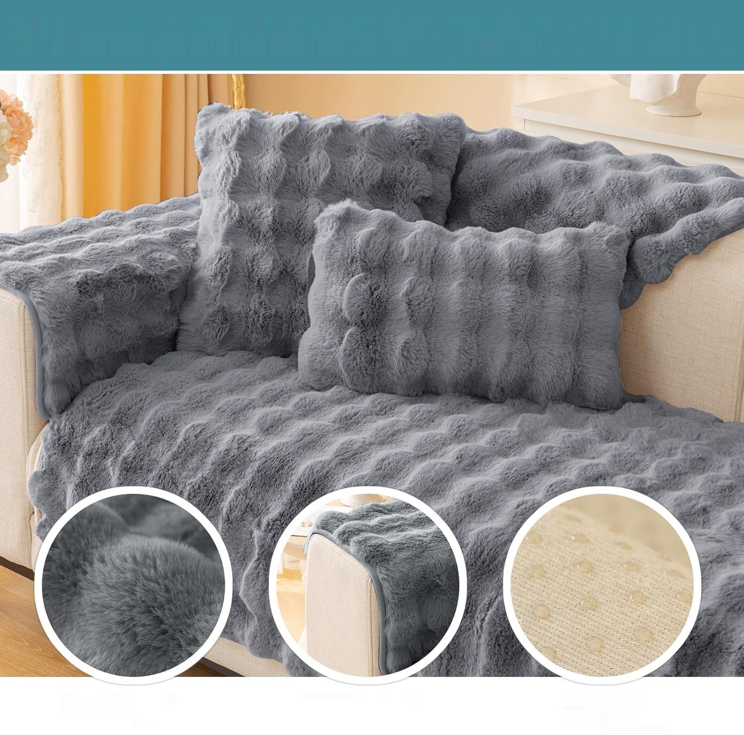 Rabbit Plush Sofa Cover, L-Shape, 2023 Universal Non-Slip, Super Soft Gray.