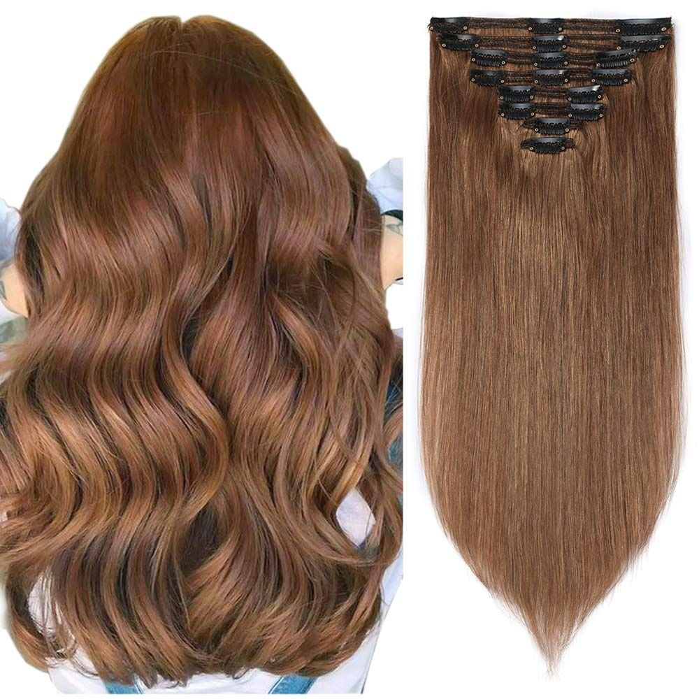 Clip-In Real Hair Extensions 8 części 100% Remy Hair Jasny Brąz 24 cale 170 g