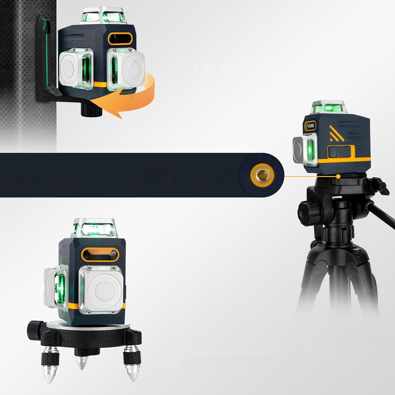 CIGMAN 3 x 360° Zielony Samopoziomujący Laser, 30h z akumulatorem litowym.