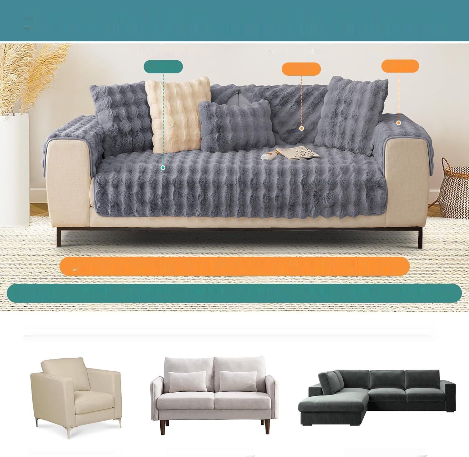 Rabbit Plush Sofa Cover, L-Shape, 2023 Universal Non-Slip, Super Soft Gray.
