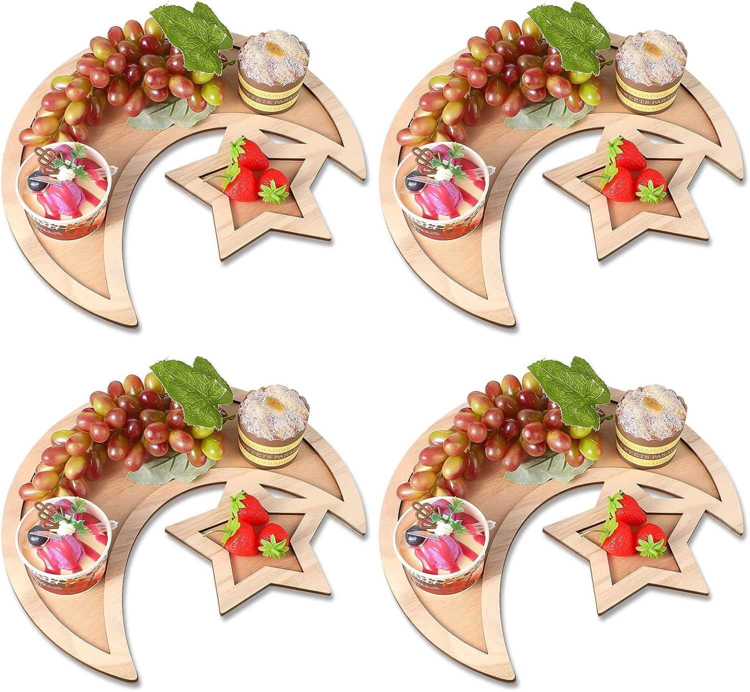 Zestaw 4 tac Ramadan w kształcie Księżyca i Gwiazdy. Drewniane talerze Eid Mubarak.