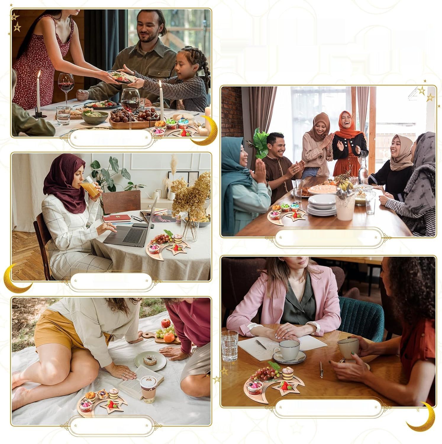 Zestaw 4 tac Ramadan w kształcie Księżyca i Gwiazdy. Drewniane talerze Eid Mubarak.