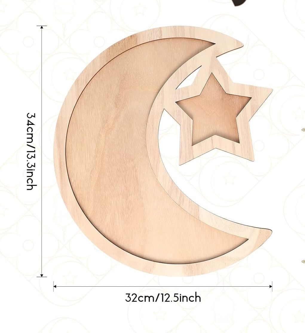 Zestaw 4 tac Ramadan w kształcie Księżyca i Gwiazdy. Drewniane talerze Eid Mubarak.